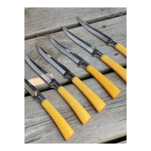 Vintage Bakelight Handle Steak Knife Set x 6 Butterscotch Washington Forge Steel